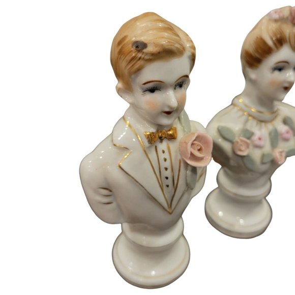 Vintage Bone China Flower Couple Figurines Hand Painted w Gold Accents Set of 2 - Picture 10 of 11